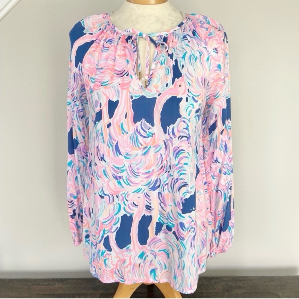 Lilly Pulitzer Willa Pelican Head in the Sand Flamingo Blouse Top Shirt Small